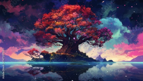 beautiful fantasy tree with neon light and colorful sky background illustration