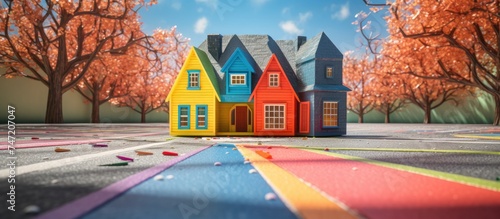 A vibrant house, resembling colorful crayons, stands out in the middle of the street. The asphalt road is lined with small trees, casting shadows under the bright sunlight.