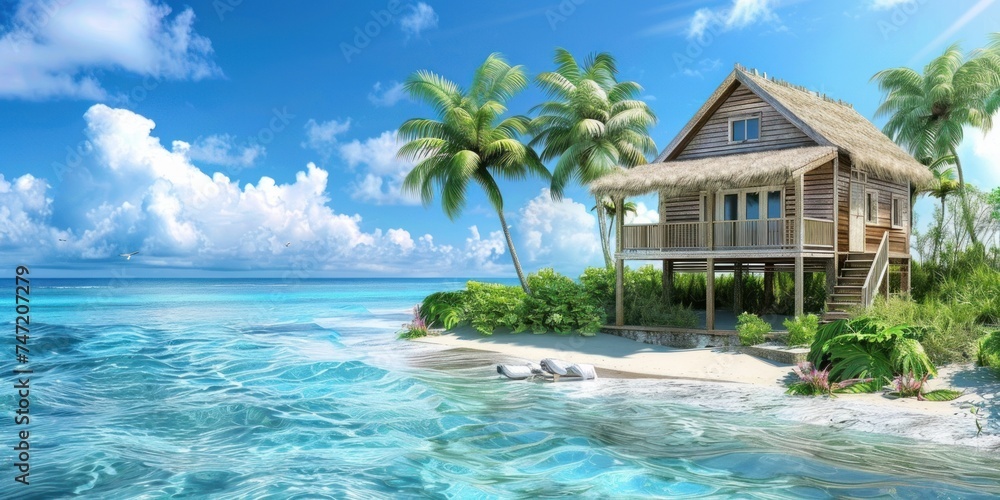 Beautiful island with tropical resort in tropical paradise, beach house copy space background 