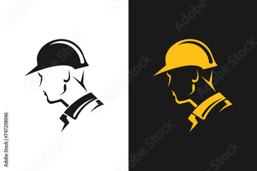 A builder, mechanic or tech man side profile. Work man in helmet or maintenance worker side profile silhouette. A builder, mechanic, plumber or electrician icon. Vector