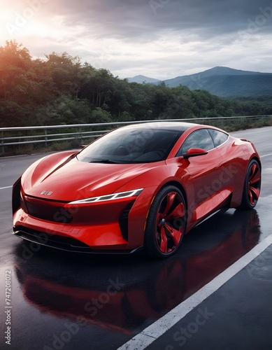 A striking red electric coupe boasts its high-performance capabilities on a misty mountain road, its fiery color contrasting with the serene environment. The vehicle encapsulates the thrill of driving © video rost
