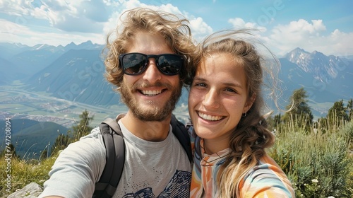 Portarit of young couple on a mountain taking selfie