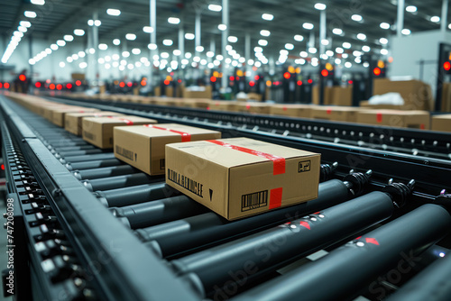 Parcels on a conveyor belt system in a large distribution center, showcasing efficiency in modern logistics and shipping.