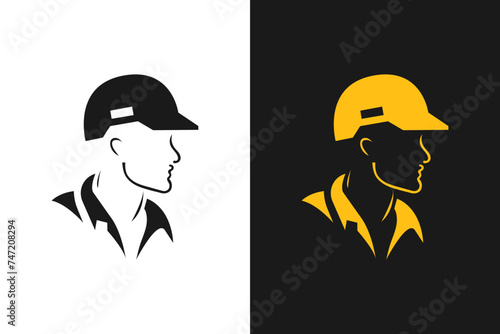 A builder, mechanic or tech man side profile. Work man in helmet or maintenance worker side profile silhouette. A builder, mechanic, plumber or electrician icon. Vector