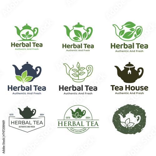 Set of green and natural tea illustration logo