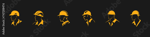 A builder, mechanic or tech man side profile. Work man in helmet or maintenance worker side profile silhouette. A builder, mechanic, plumber or electrician icon. Vector set