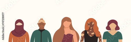 Group of multicultural and multiethnic women banner with copy space. Concept of racial equality anti-racism and woman gives voice. Feminism and sisterhood with diversity girls in faceless style