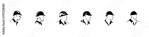 A worker, mechanic or tech man side profile. Work man in helmet or maintenance worker side profile silhouette. A builder, mechanic, plumber or electrician icon. Vector set