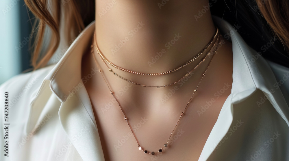 A trendy and modern take on the layered necklace trend combining multiple thin chokers in different metallic shades.