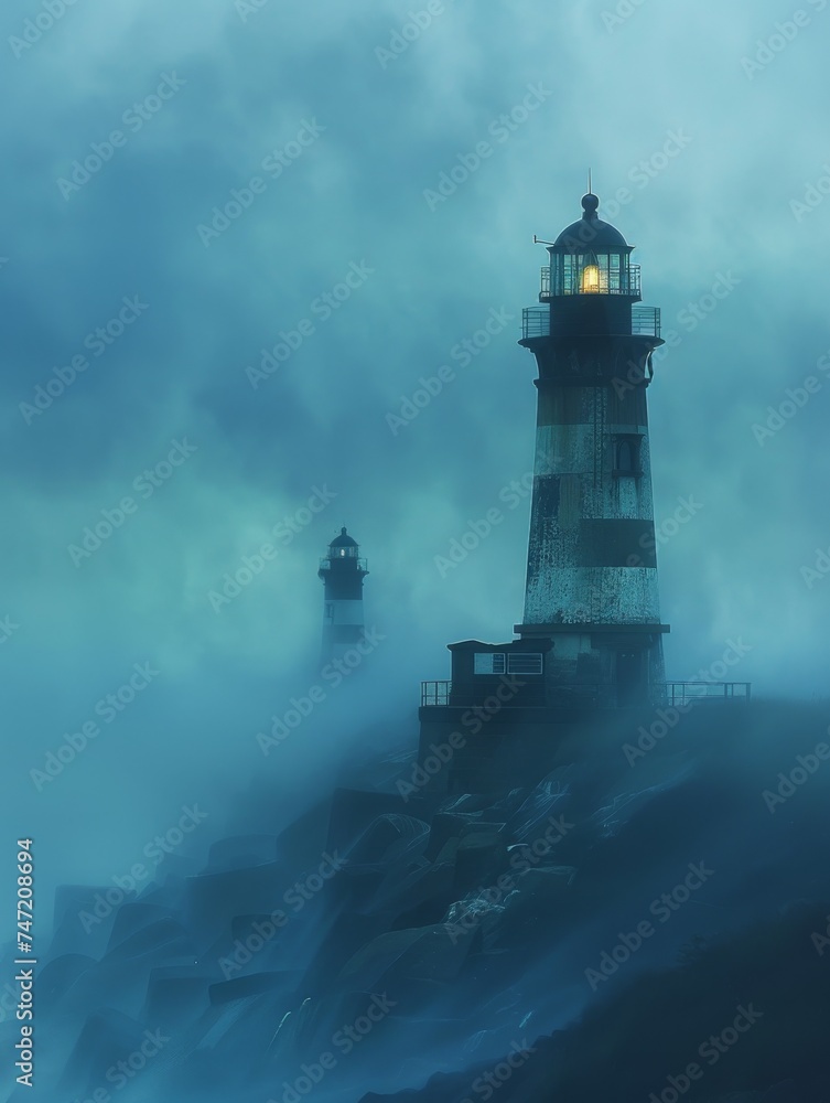 Lighthouse in the Midst of Ocean on a Foggy Day