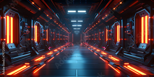 Futuristic architecture scifi corridor interior in space station with earth planet view, A dark room with neon lights and a black floor. 