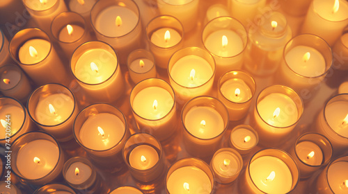 Overhead top view on burning candles in glass jars. Warm candlelight vigil, memorial, spiritual, mystical atmosphere photo