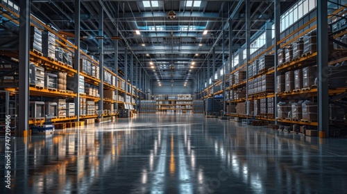 Modern warehouse with neat shelving and reflective polished floor