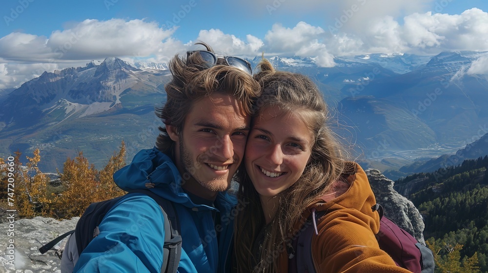Selfie on the mountain peak of young happy couple man and woman Selfie on the mountain peak of young happy couple man and woman