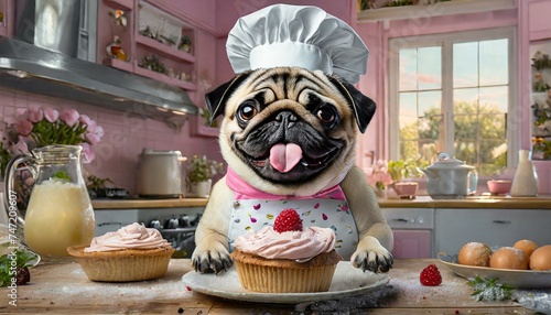 A pug bakes a cake in the kitchen