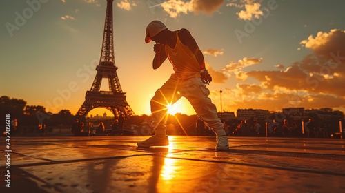 Silhouette of a dancer breakdancing at sunset with the Eiffel Tower in the background