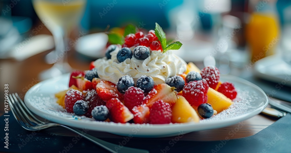 Assortment of fresh fruits and berries topped with whipped cream healthy dessert Assortment of fresh fruits and berries topped with whipped cream healthy dessert