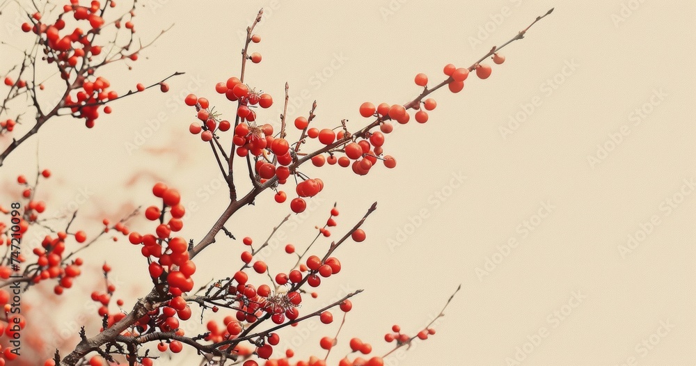 Minimalist branches laden with red berries against a soft background