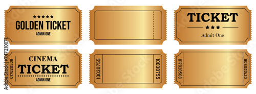 Golden ticket vector set. Vintage golden coupon collection isolated on transparent background.