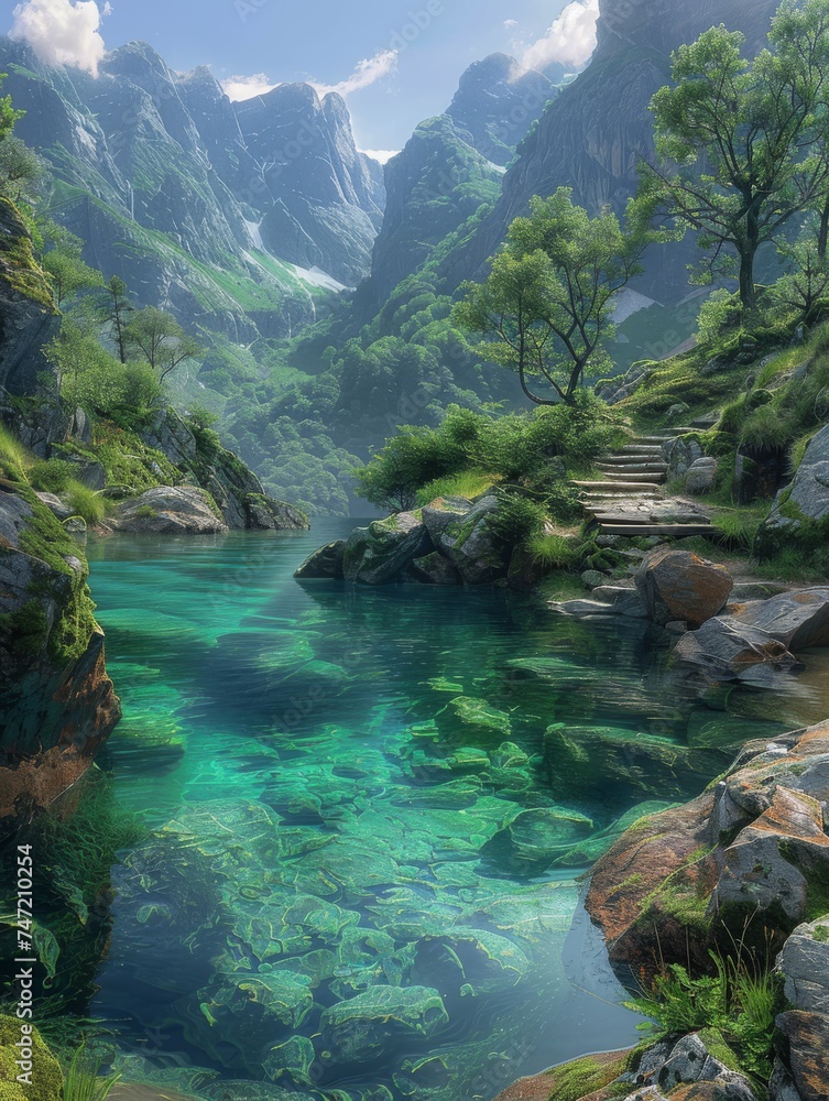 Mountainous River Landscape Painting
