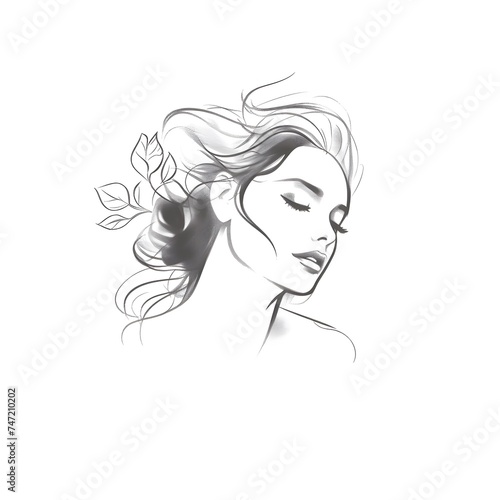 Woman head with flowers  line art