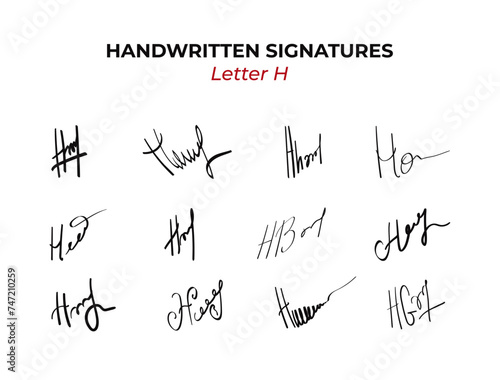 Handwritten Autographs set with letter H. Fake hand drawn scribble. Fictitious signature for business certificate or note. Vector doodle isolated illustration 1 of 26