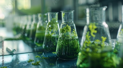 Spirulina green algae is cultivated in glass flasks in a lab backdrop with a big space for text or products, Generative AI.