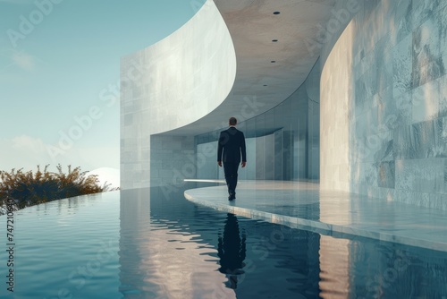 Businessman in Suit Walking Into Swimming Pool