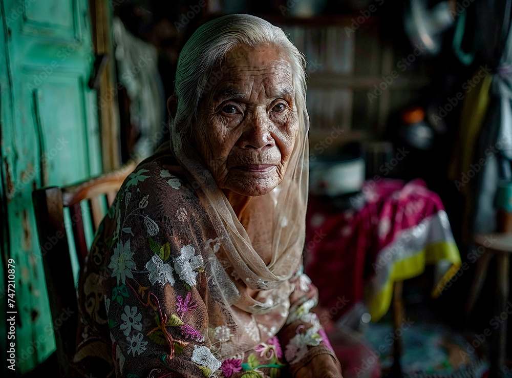 Obraz premium Portrait of an International Grandmother radiating love and experience perfect for Mother's Day gifts sitting on a chair Wallpaper Card Poster Background