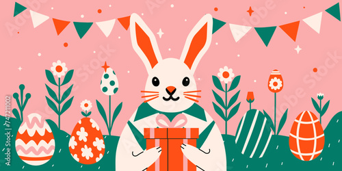 A joyful cartoon bunny stands holding a gift box in the center of a garden adorned with Easter eggs and blooming flowers under a string of party flags, conveying an atmosphere of springtime festivitie
