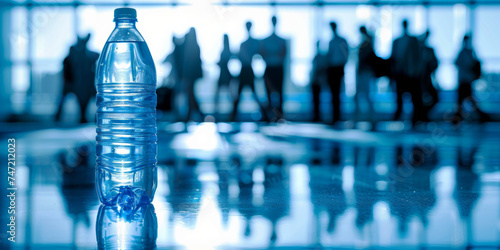 Water Bottle Centred in Meeting Room.
Clear water bottle in focus with a blurred business meeting in the background.