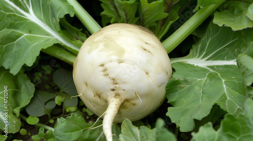 A chubby perfectly round turnip rests atop a bed of lush green leaves its smooth white skin covered in tiny hairs that hint at the delicate roots below.