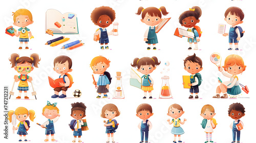 Collection of cute school kids. Education clipart. Mathe, drawing, chemistry, sports, reading, writing, geography. Isolated cartoon characters, school boys and girls. 