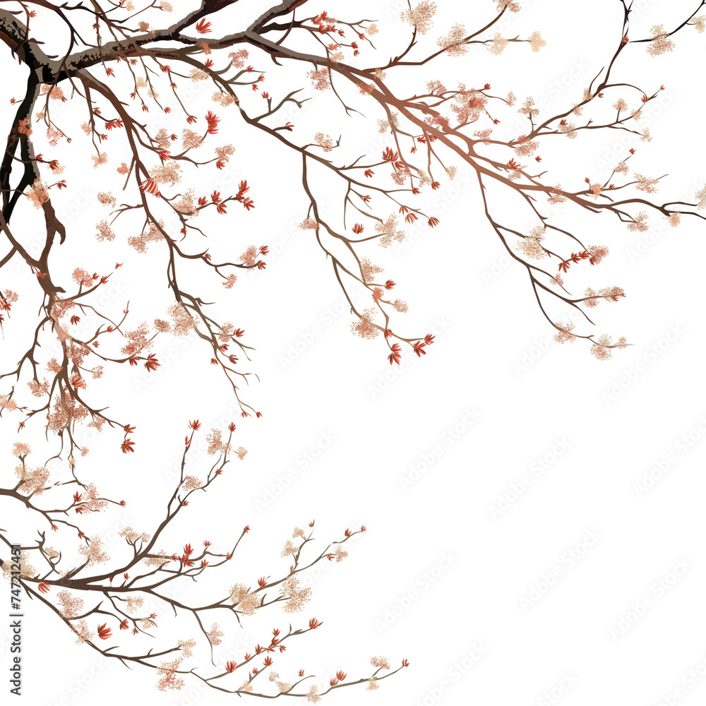 Blossoming Cherry Tree Branch with Pink Blossoms and Leaves, Vector Illustration of Japanese Sakura in Spring