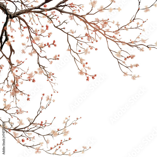 Blossoming Cherry Tree Branch with Pink Blossoms and Leaves  Vector Illustration of Japanese Sakura in Spring