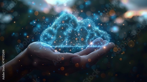 Businessman hand-holding cloud computing icons with a seamless network connection. Empowering the growth of the digital infrastructure and fostering collaboration among businesses