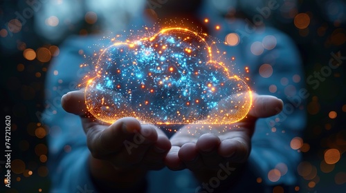 Businessman hand-holding cloud computing icons with a seamless network connection. Empowering the growth of the digital infrastructure and fostering collaboration among businesses