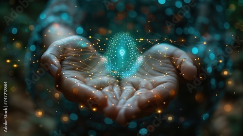 A hand touches and holds light of global in direction of a technology network and interconnected lines  Symbolizing the concept of digital transformation  blockchain technology  and future networks.