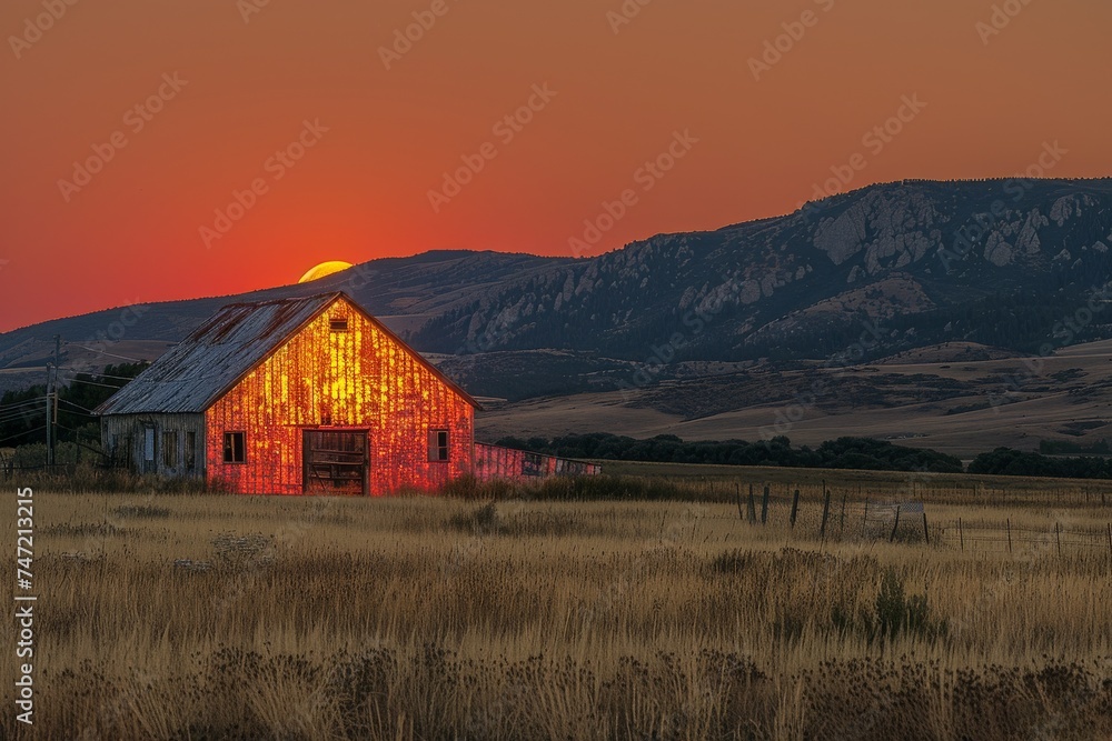 Barn in Field With Sunset