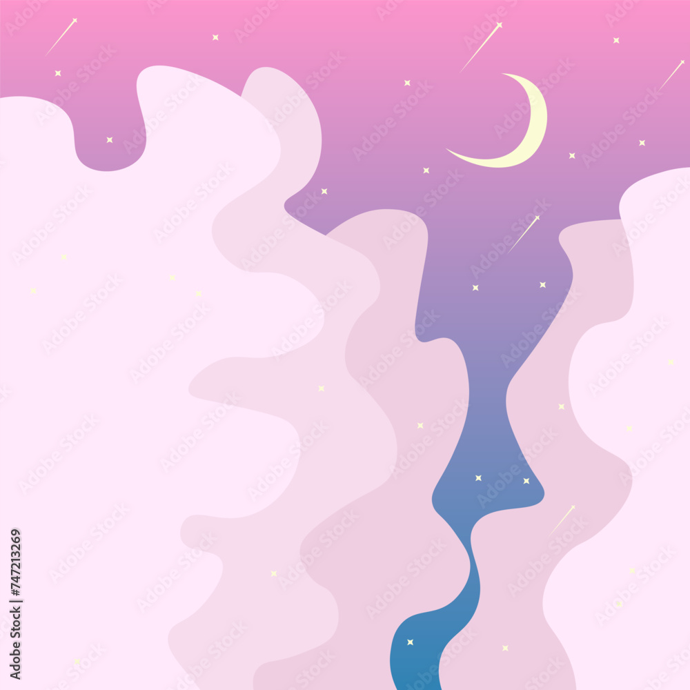 Trendy Abstract Fantasy Cute Kawaii Landscape Moon Stars Falling Purple Pink Vector Design