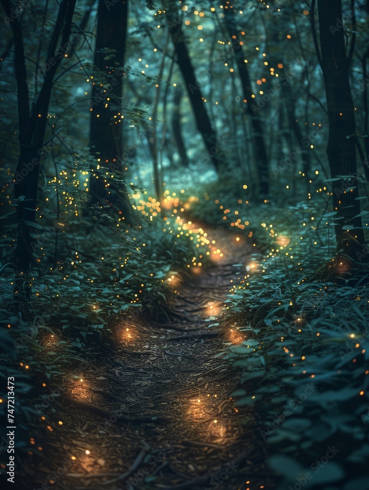 Fototapeta premium Path in the Woods With Fireflies
