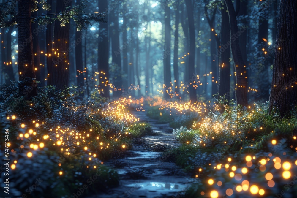 Naklejka premium Illuminated Path Through Forest