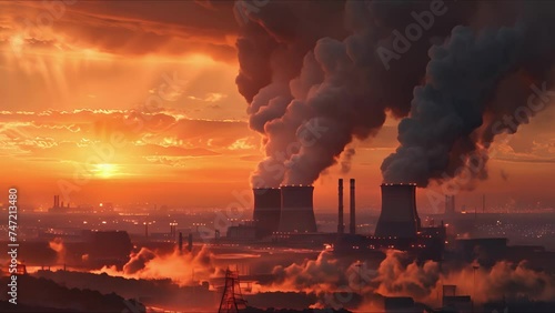 Aerial perspective, the power plant's towering pipes release black smoke into the atmosphere, contributing to pollution. Ecology concept. AI-generated. photo