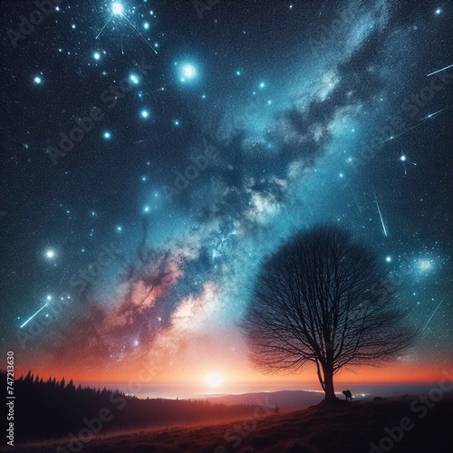 An illuminating image capturing a lone tree against the awe-inspiring backdrop of a night sky studded with stars and the sprawling elegance of the milky way.