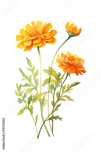 Orange Marigold Botanical Watercolor Illustration