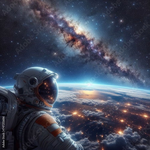 An astronaut in spacesuit is staring out into the vast expanse of space, viewing both the Earth and Milky Way galaxies from afar.