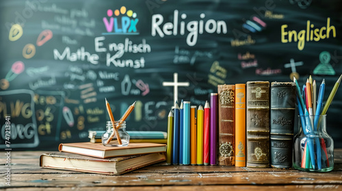 dispute over school subjects in Germany, Pisa study, religion, math, English, art, colorful, friendly and neutral representation of a teacher's desk with a blackboard, generative AI