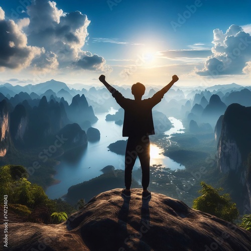 A man is standing on the domineering peak of a rugged mountain with his arms raised at the top, possibly celebrating or enjoying his accomplishment. photo