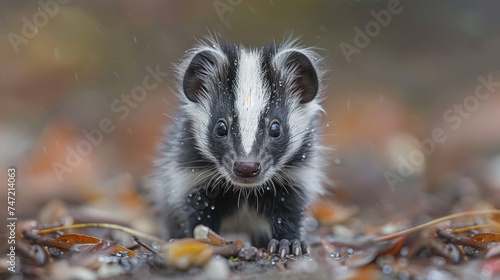 wildlife photography, authentic photo of a skunk in natural habitat, taken with telephoto lenses, for relaxing animal wallpaper and more