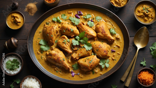 A beautifully presented Chicken Korma dish is captured from above, its golden hues and artfully arranged garnishes highlighting the intricate blend of spices and flavors that define this traditional I